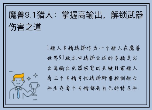 魔兽9.1猎人：掌握高输出，解锁武器伤害之道